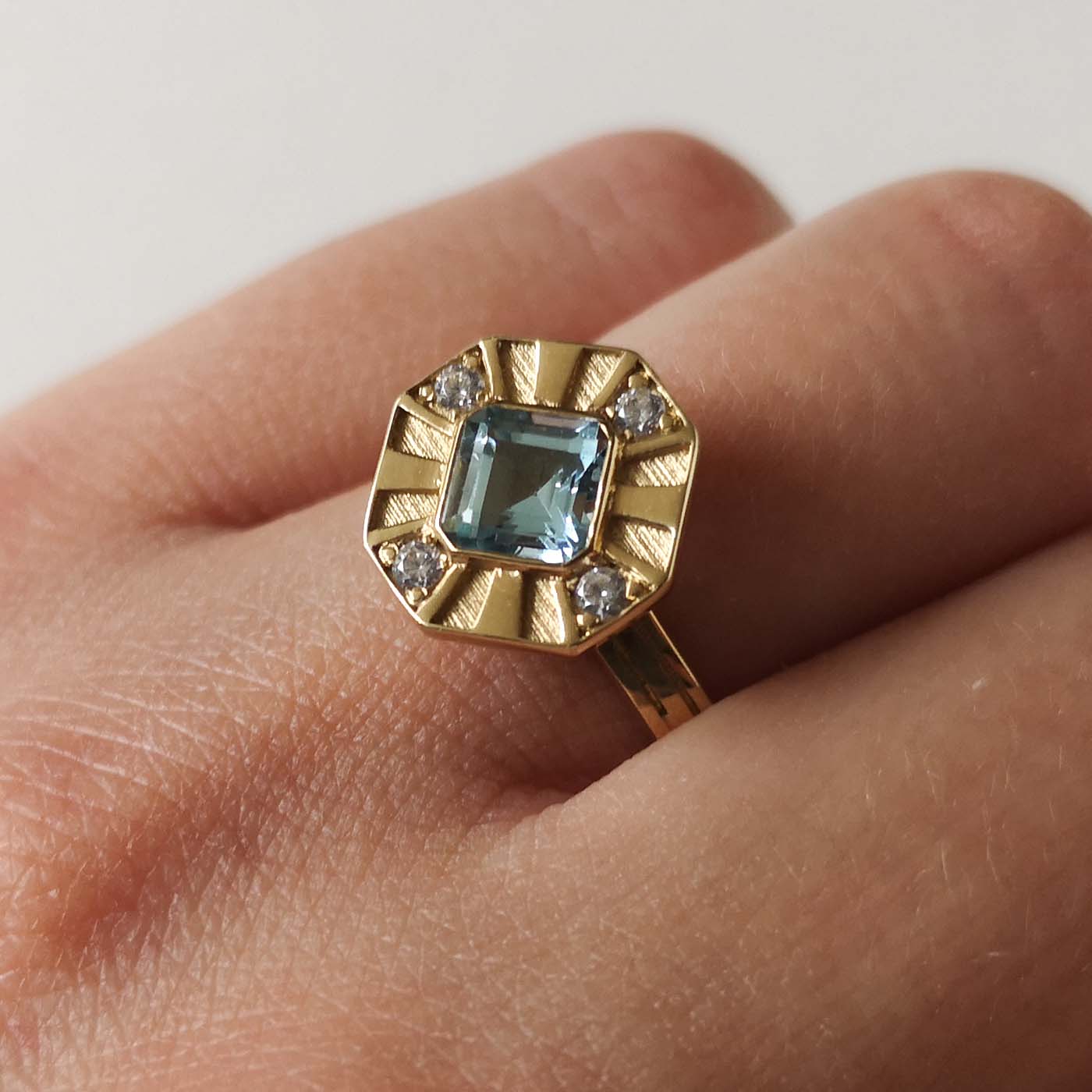 14ct Gold Deco Engagement Ring with Aquamarine